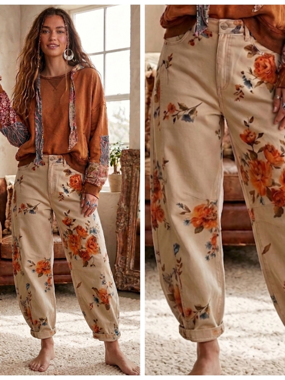 Floral Printed Beige Wide-Leg Pants